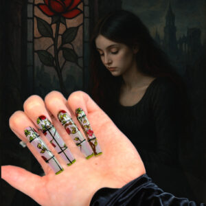 Gothic stained glass nail art set called "Thornlight Cathedral" with intricate red roses and vine detailing on long sculpted nails, hand-painted over a luminous clear base.