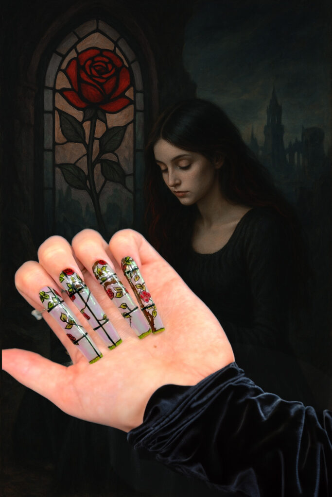 Gothic stained glass nail art set called "Thornlight Cathedral" with intricate red roses and vine detailing on long sculpted nails, hand-painted over a luminous clear base.